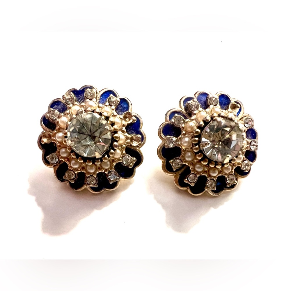 Vintage Coro (Pat Pend) Stunning Blue Enamel and Crystal Clip-On Earrings